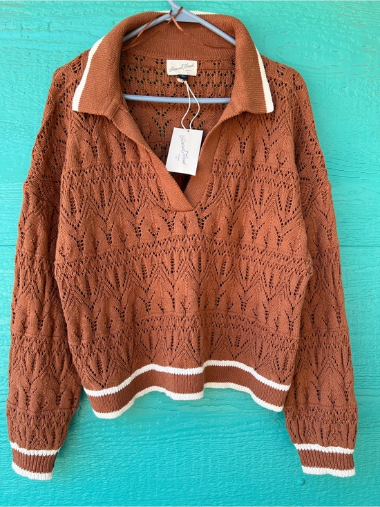 Universal Thread Sweaters - Universal Thread Rust Brown Pointelle Knit Polo Sweater V-Neck XL NWT